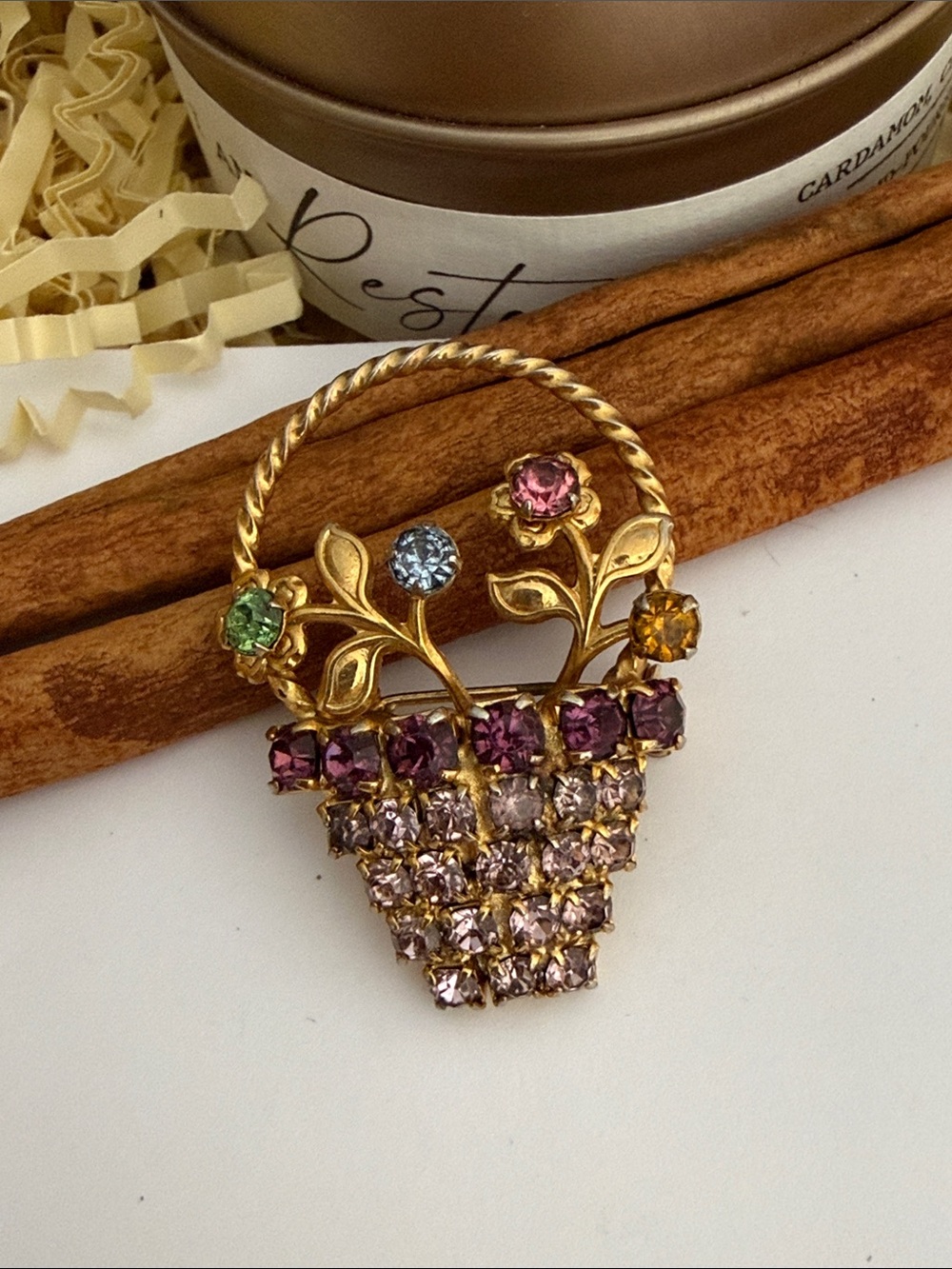 Gold-Tone Multicolor Crystal Flower Basket Brooch